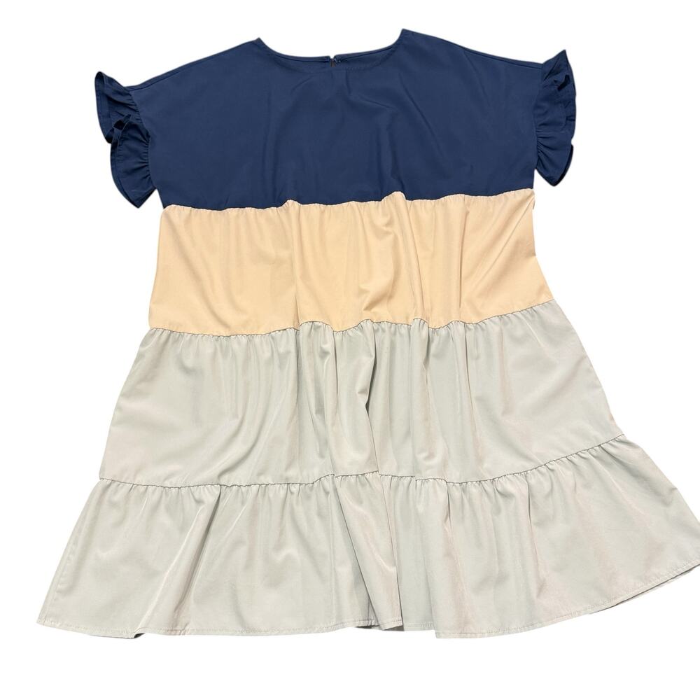 Amazon Women’s mini dress/coverup, navy blue, tan, pale green tiers, babydoll XL